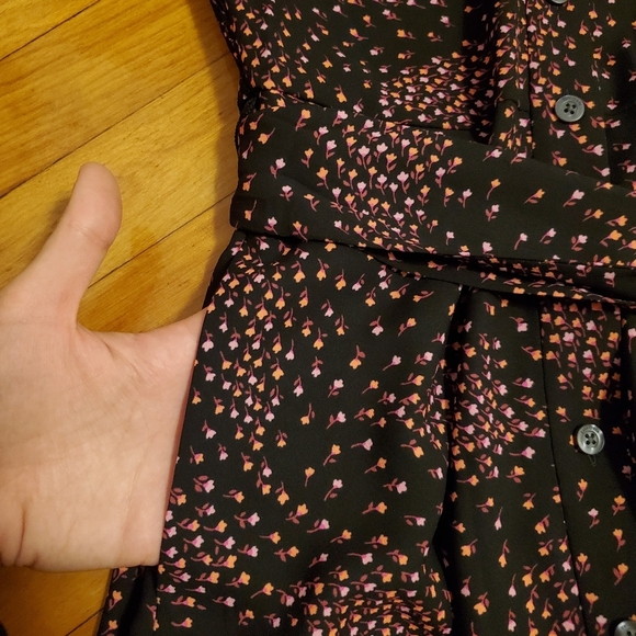 NWOT Kate Spade Meadow Smocked Back Shirtdress. Black. Orange, pink floral. 2. - Picture 9 of 16